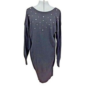 Vintage J. Jordan Women's Pearl Embellished Black SZ L Lambswool Sweater Dress
